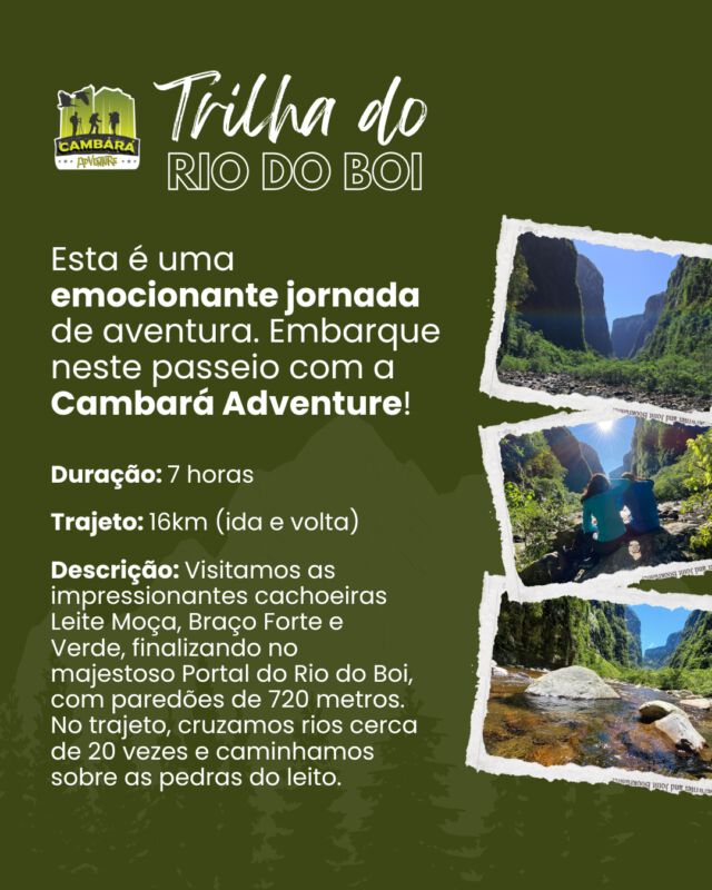 A trilha do Rio do Boi é uma experiência única em Cambará do Sul, levando os visitantes ao interior do cânion Itaimbezinho. 

Com trechos de mata nativa, pedras e travessias pelo rio, a aventura proporciona vistas espetaculares das paredes do cânion e um contato direto com a natureza exuberante. 

Ideal para quem busca adrenalina e conexão com a natureza! 🌿✨ 

Reserve seu passeio com a Cambará Adventure pelo link da bio.

#trilhadoriodoboi #trilha #trip #cambaradosul #aparadosdaserra