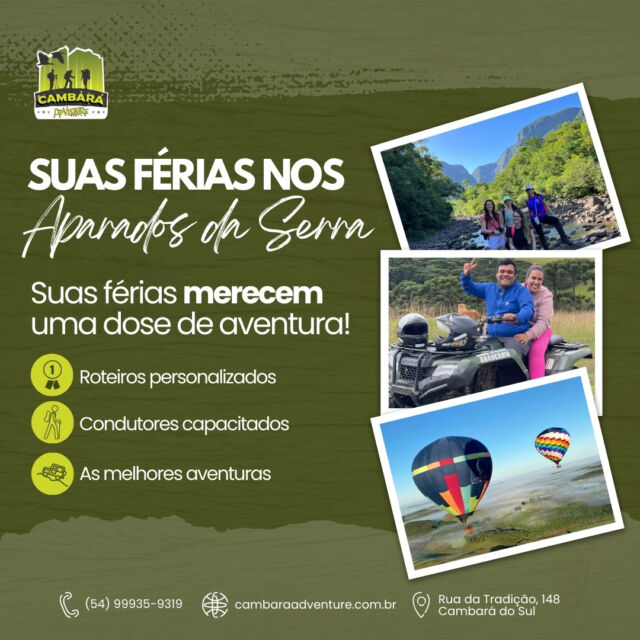 Suas férias podem ser ainda mais divertidas nos Aparados da Serra! 😍

As melhores aventuras, roteiros personalizados por você, condutores capacitados para a sua segurança e muita diversão. 

Agende o seu passeio pelo link da bio. A sua aventura começa aqui! 💚

#ecoturismo #turismodeaventura #contemplacao #terradoscanions #cambaradosul #aparadosdaserra #serragaucha #trip #turismo #cambaraadventure